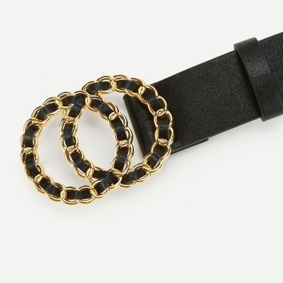Black faux leather elegant double chunky chain link ring Gold buckle waist belt - Picture 12 of 12